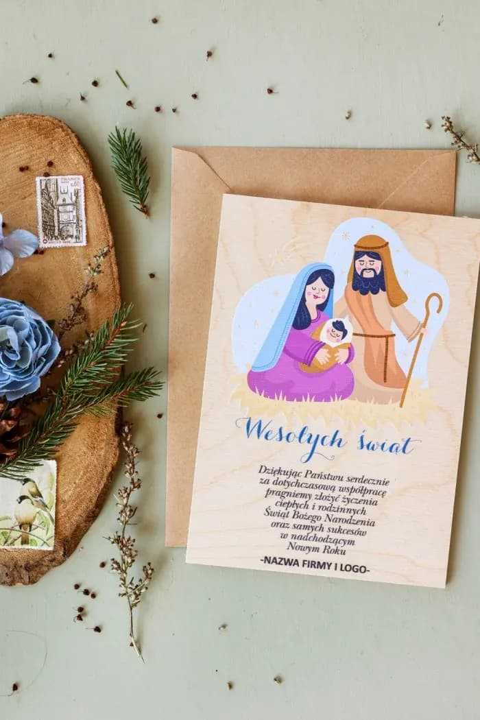 Drewniane Kartki Świąteczne z Logo Firmy, Religijne ze Św. Rodziną | Biznesowe Kartki Bożonarodzeniowe | DR21