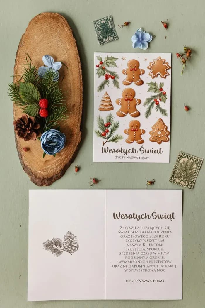 Biznesowe kartki świąteczne z logo Firmy, motyw piernika | Kartki Bożonarodzeniowe dla Firm | Piernikowe MB1