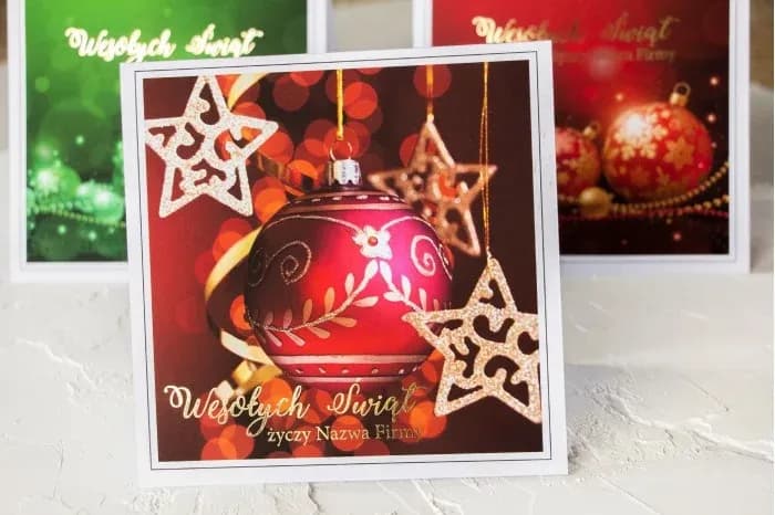 Złocone Kartki Świąteczne z Logo Firmy, Czerwona Bombka | Eleganckie Kartki Biznesowe | WZ10