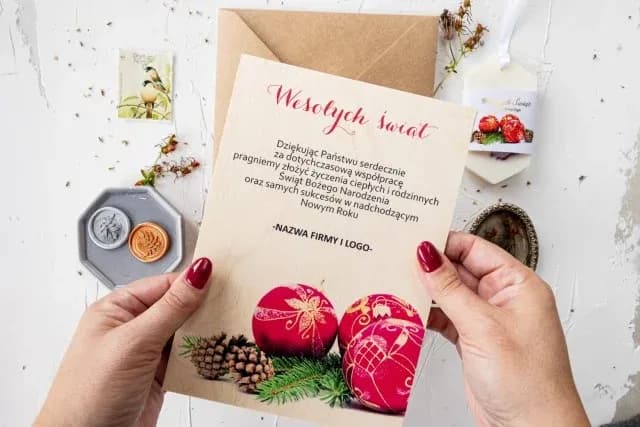 Drewniana Kartka z Logo Firmy, Czerwone Bombki | Biznesowe Kartki Świąteczne | Drewniane DR16 - 2