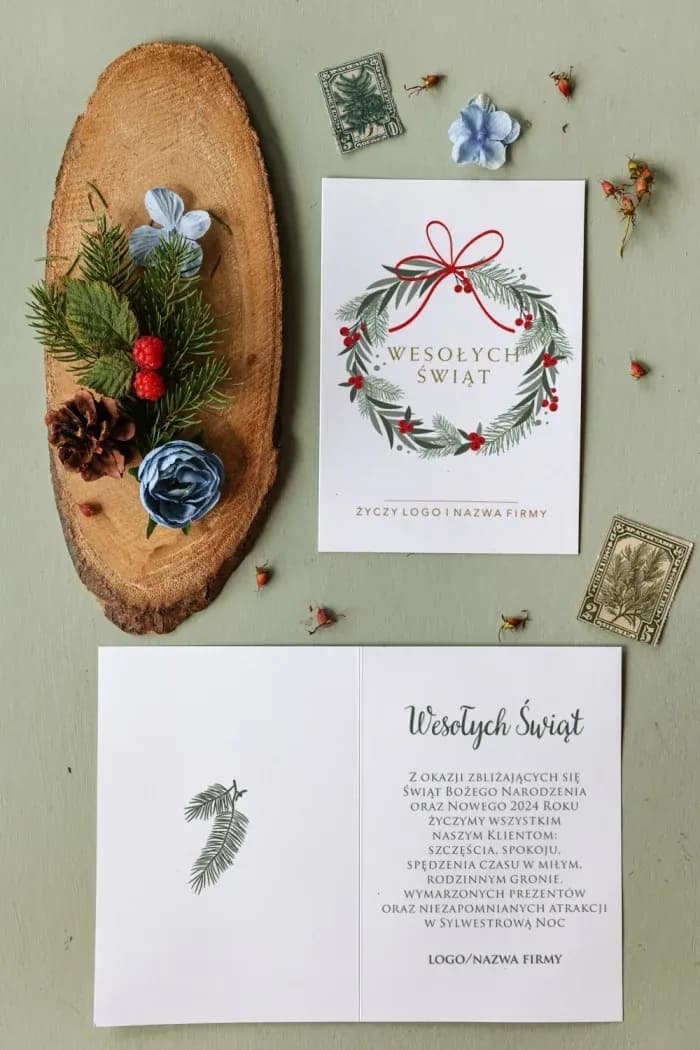 Eleganckie Kartki z Wieńcem, Złocone, z Logo | Firmowe Kartki Świąteczne, Biznesowe | Wieniec MZ15