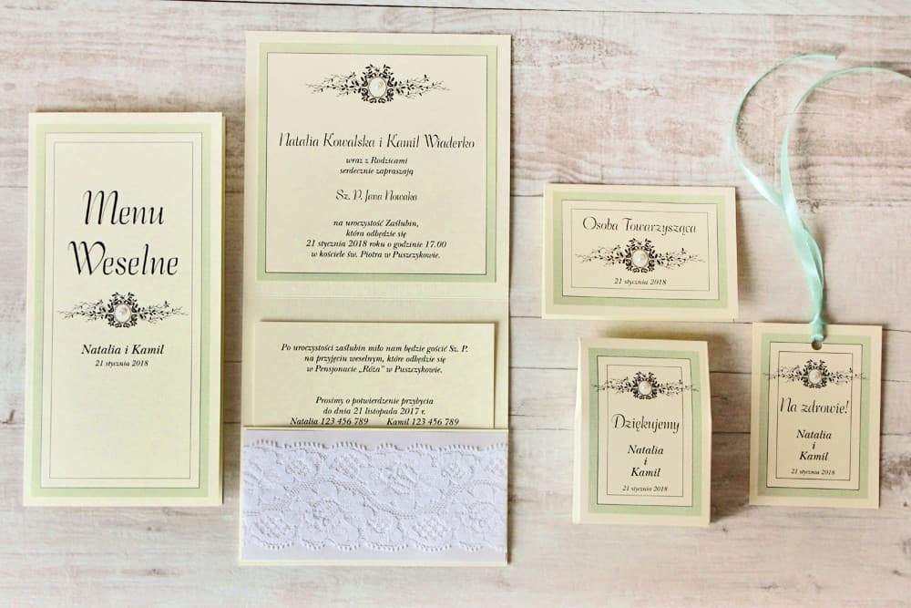 Zestaw Próbek Ślubnych z Koronką, Perłowy Papier | Próbki Zaproszeń Ślubnych i Dodatków | Z Koronką nr 8