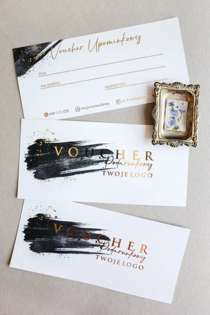 Elegancki złocony voucher czarny, luksusowy bon podarunkowy dla SPA i beauty | Vouchery dla spa | Model VC2