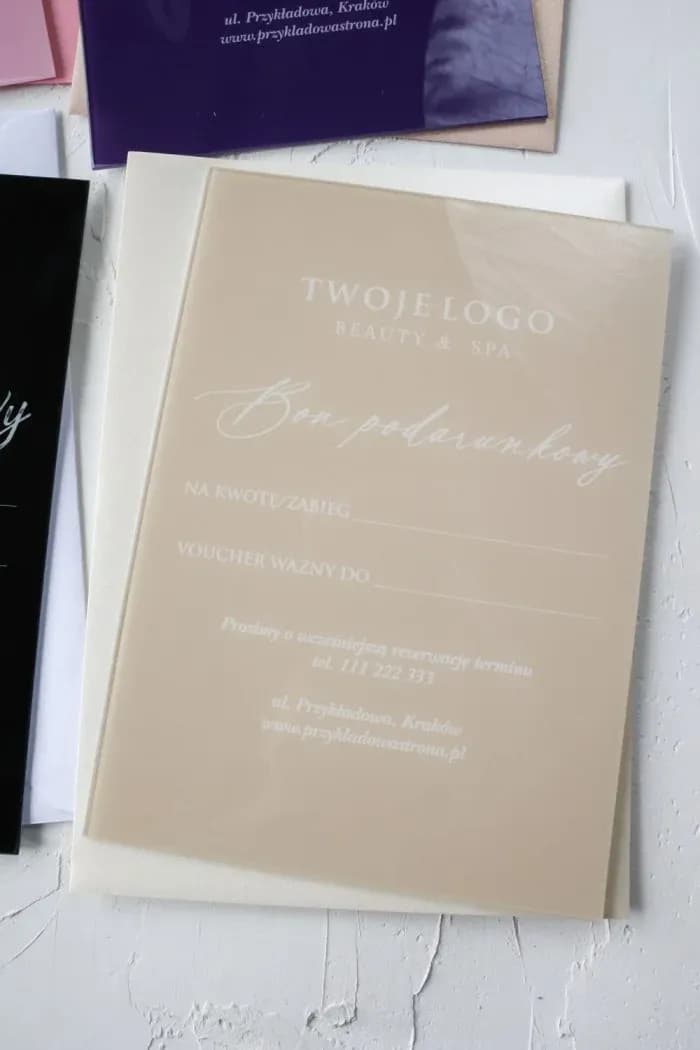 Ekskluzywny Voucher na Szklle A5, Beżowy Design | Vouchery Premium dla Firm, Salonów, SPA | VS3