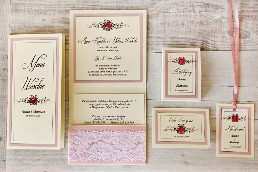 Eleganckie srebrne zaproszenia ślubne glamour z koronką, cyrkonią i kieszonką – Z Koronką nr 1 - 2