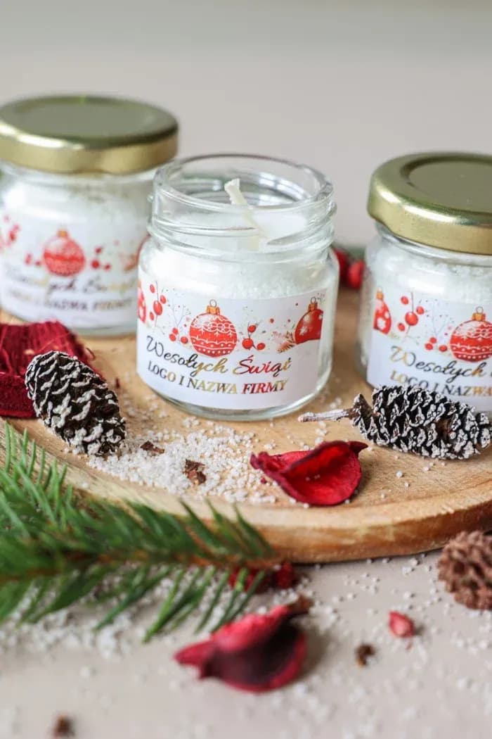 Świeczka zapachowa z logo, czerwone bombki | Prezenty firmowe na Święta, Upominki dla Klientów | SG1