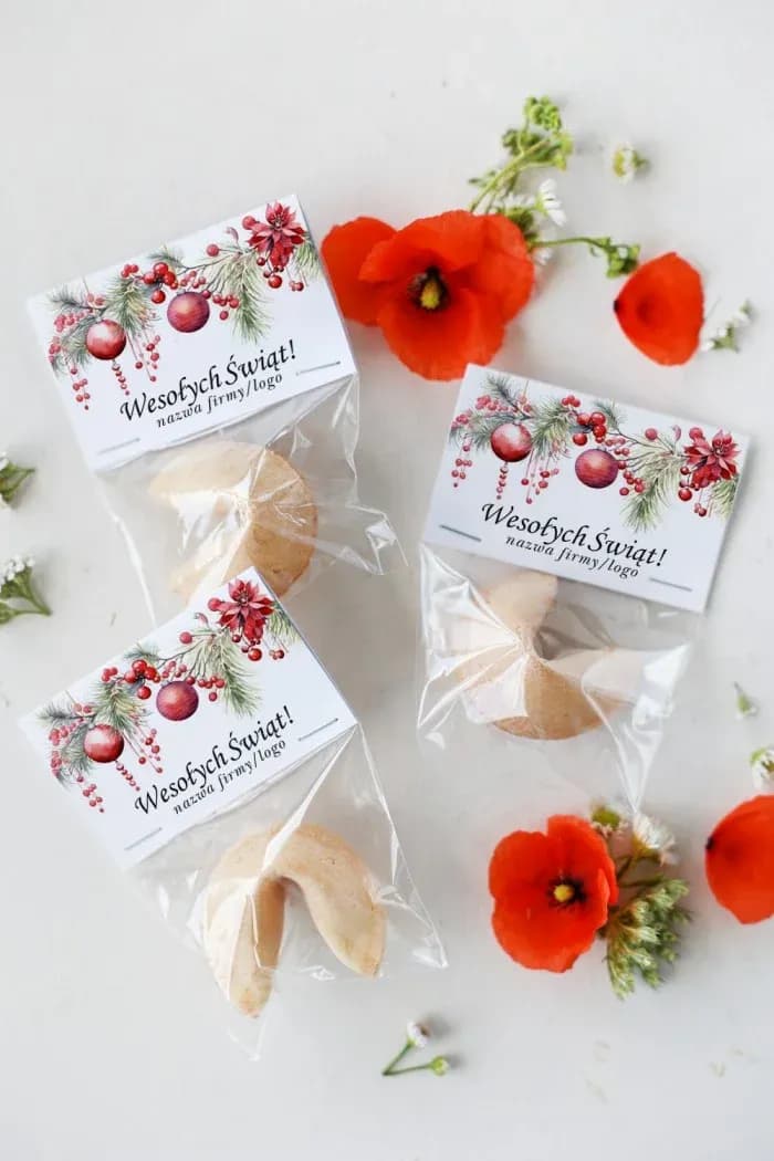 Świąteczne ciasteczko z wróżbą z logo firmy, czerwone bombki | Upominki firmowe na Boże Narodzenie | CZW10