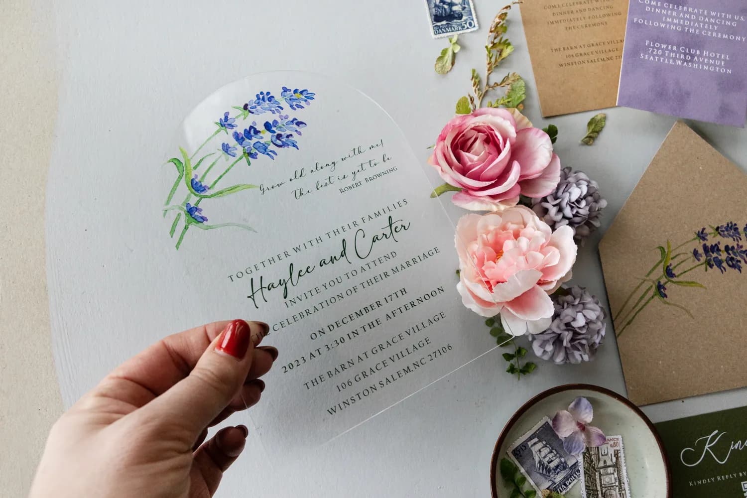 Zaproszenia na Wesele Kraft PR6 – Karta na Pleksi z Motywem Lawendy