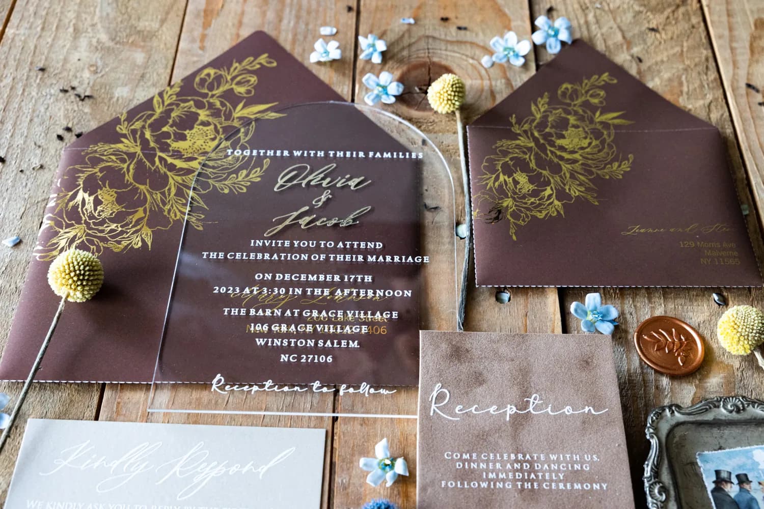 Zaproszenia na Wesele Fresco nr 2 – Złocona Pleksi w Łuku z Welurową Kopertą - 4