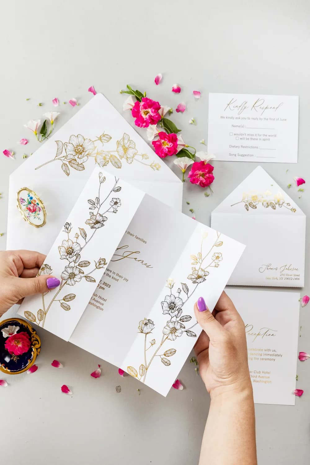 Zaproszenie na Wesele Złote Kwiaty PR13 – Styl Glamour z Aksamitną Folią