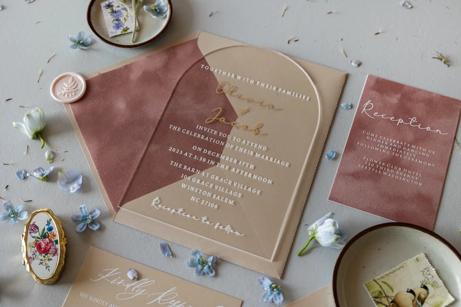 Zaproszenia na Wesele Pleksi Łukowe PR17 – Przezroczyste Karty ze Złoceniem i Welurem