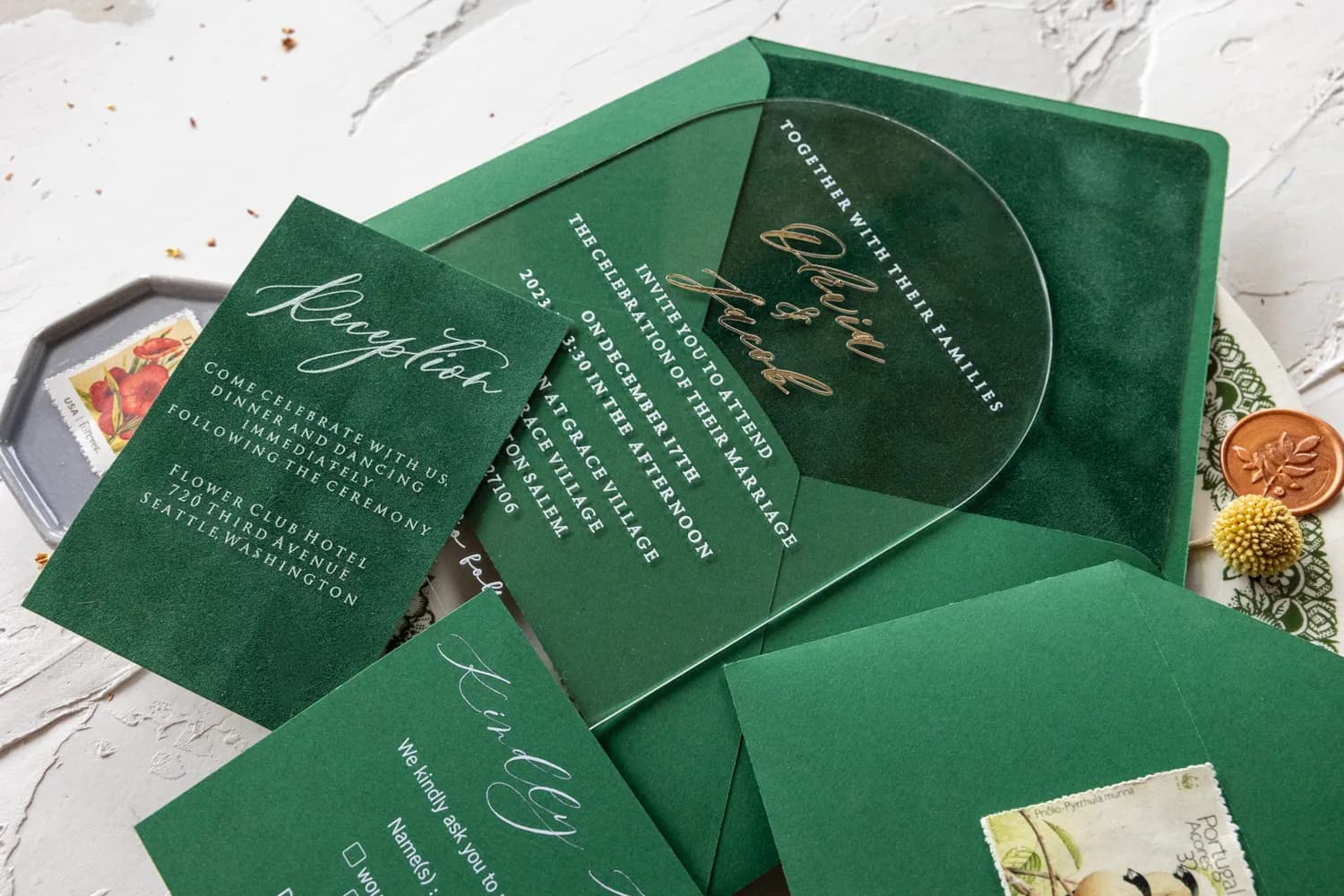 Zaproszenia Weselne PR nr 21 – Przezroczysty Łuk z Zielonym Welurem - 2