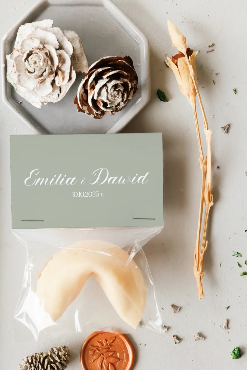 Personalizowane ciasteczka z wróżbą, jasnoszare | Oryginalne podziękowania dla gości weselnych | Cejla nr 7