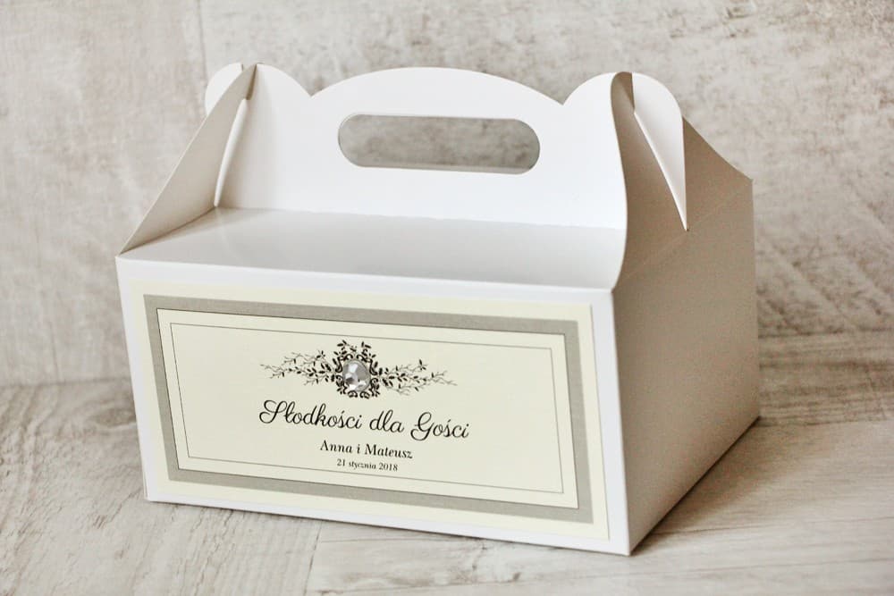 Eleganckie Pudełko na Ciasto Weselne z Koronką i Cyrkonią | Personalizowane Opakowania na Podziękowania dla Gości|Z Koronką nr 7