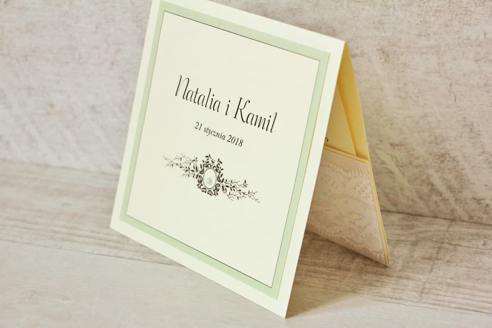 Eleganckie kwadratowe zaproszenia ślubne z koronką i cyrkonią glamour – Z Koronką nr 8 - 3