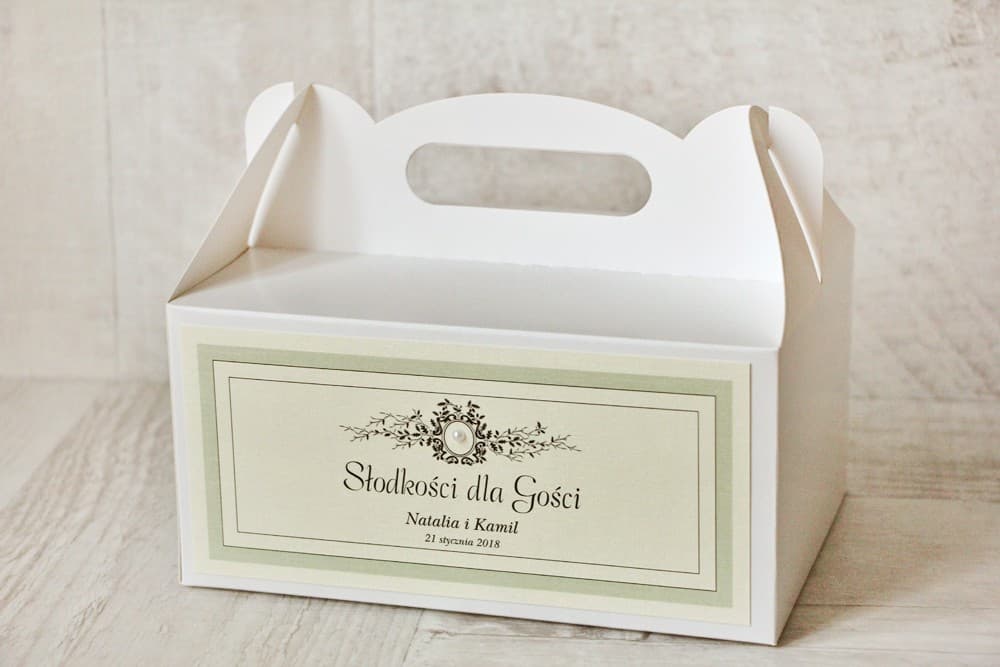 Eleganckie Pudełka na Ciasto Weselne z Koronką i Cyrkonią, Personalizowane Opakowania z Uchwytem dla Gości | Z Koronką nr 8