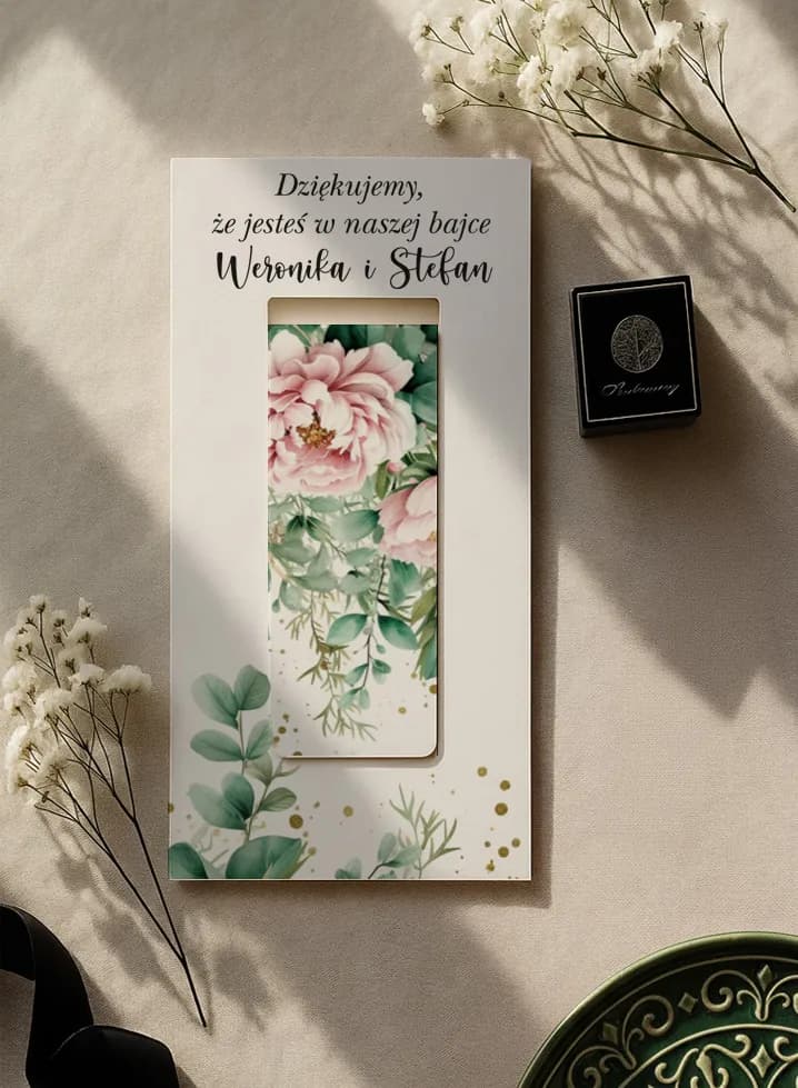 Magnetyczna zakładka do książki z akwarelową grafiką piwonii i eukaliptusa | Elegancki prezencik dla gości | Impresja nr 12