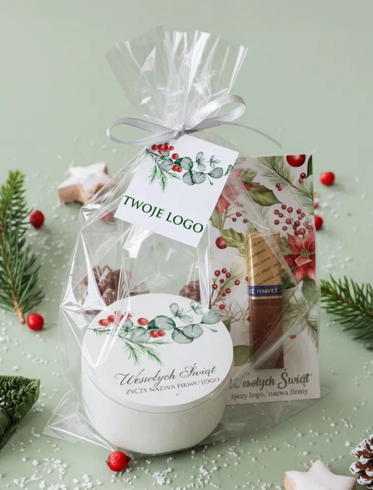 Personalizowany prezent dla klientów: świeca i czekoladka | Biznesowe upominki świąteczne z nadrukiem | FL2