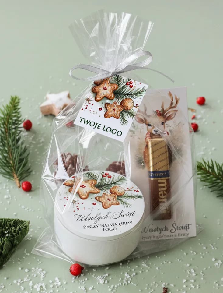 Zestaw Świąteczny ze świecą sojową i czekoladką | Firmowe Upominki Bożonarodzeniowe z Logo | FL4