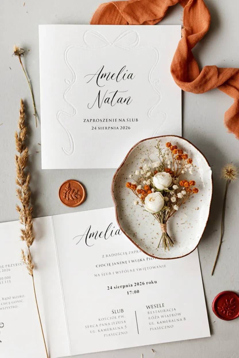 Zaproszenie na Wesele Amuso nr 3 – Styl Minimalistyczny z Tłoczoną Kokardą