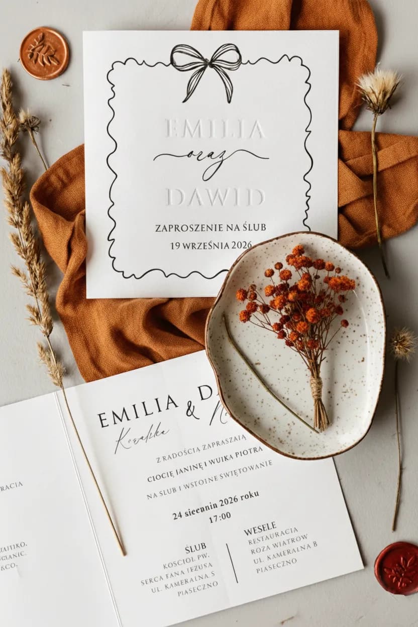 Zaproszenia na Wesele Amuso nr 4 – Tłoczone Karty z Kokardą