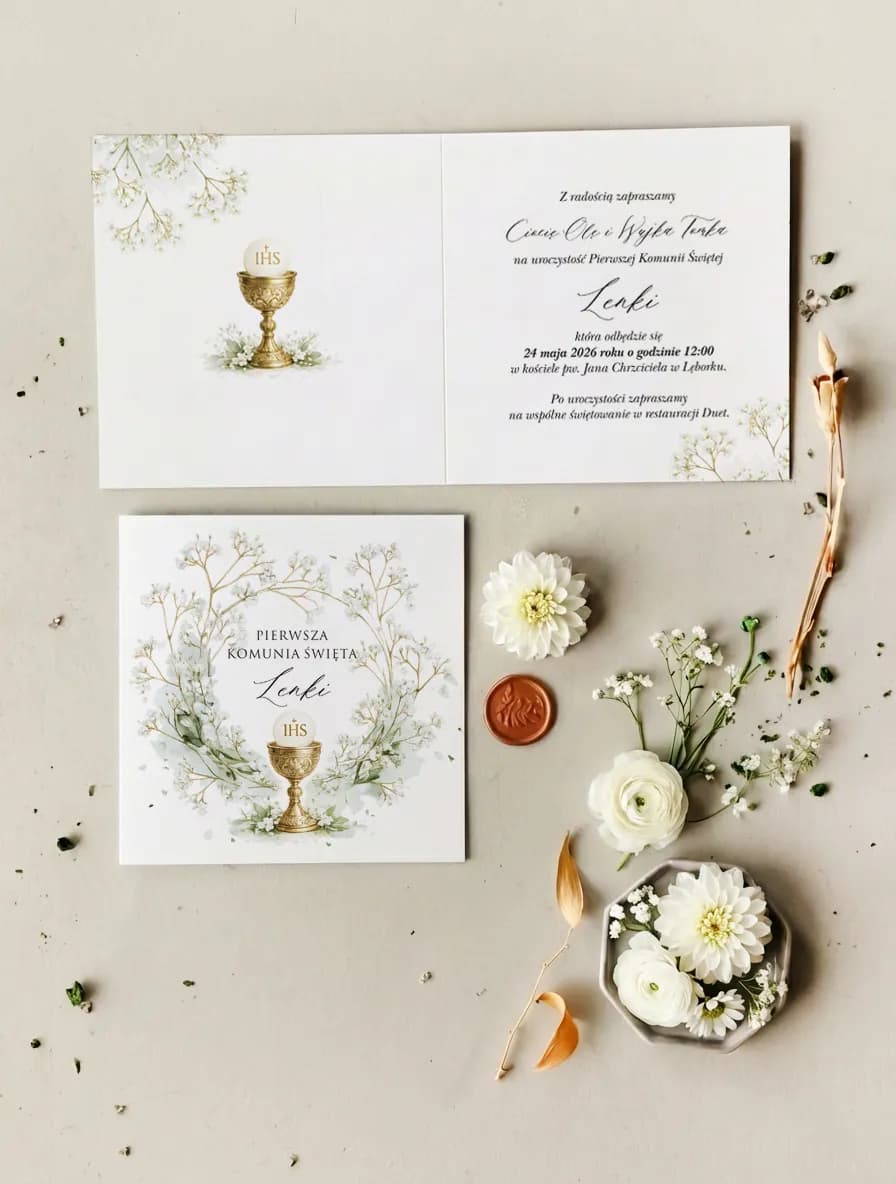 Zaproszenia komunijne z kielichem IHS i zielenią – Matylda nr 1