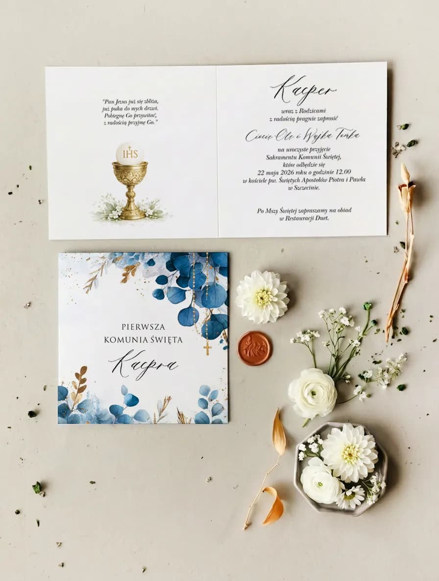 Zaproszenia na Komunię z niebieskim eukaliptusem Matylda nr 5