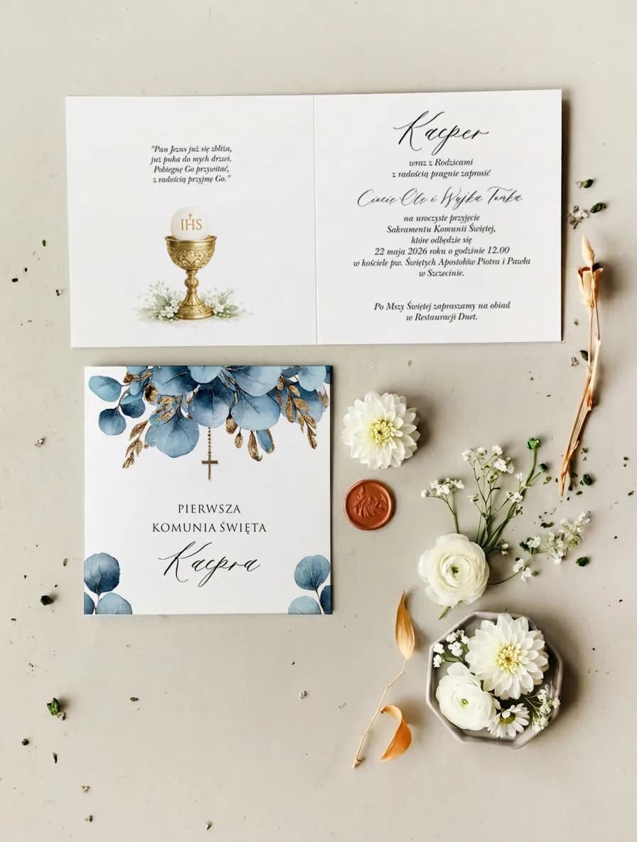 Zaproszenia na Komunię niebieski eukaliptus – Matylda nr 7