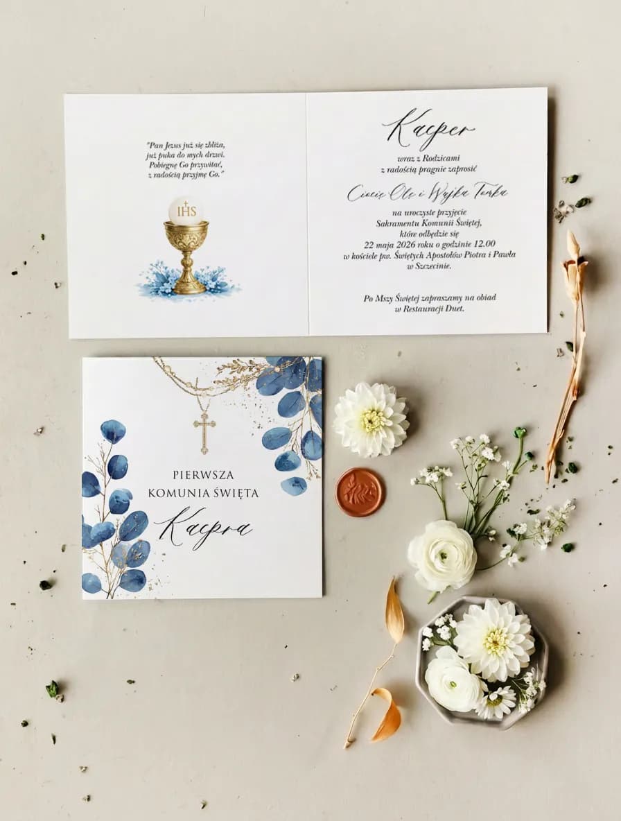 Zaproszenia komunijne z niebieską botaniką – Matylda nr 9