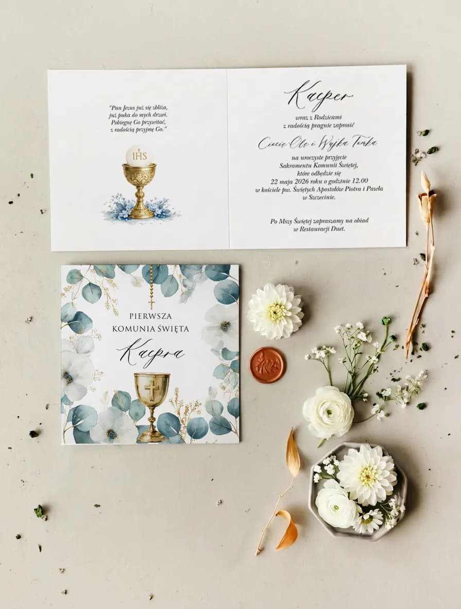 Zaproszenia komunijne z eukaliptusem i kielichem – Matylda nr 11