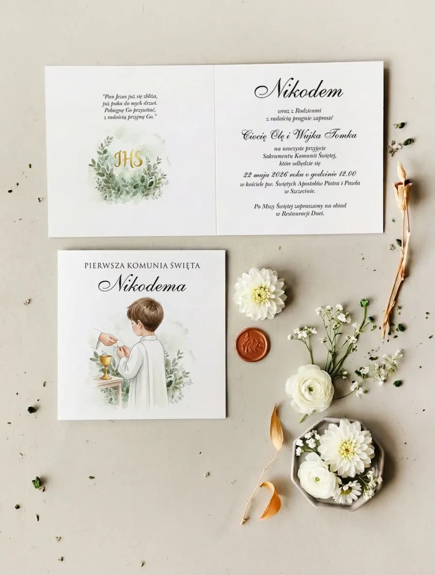 Zaproszenia komunijne z zielenią i ilustracją – Matylda nr 18