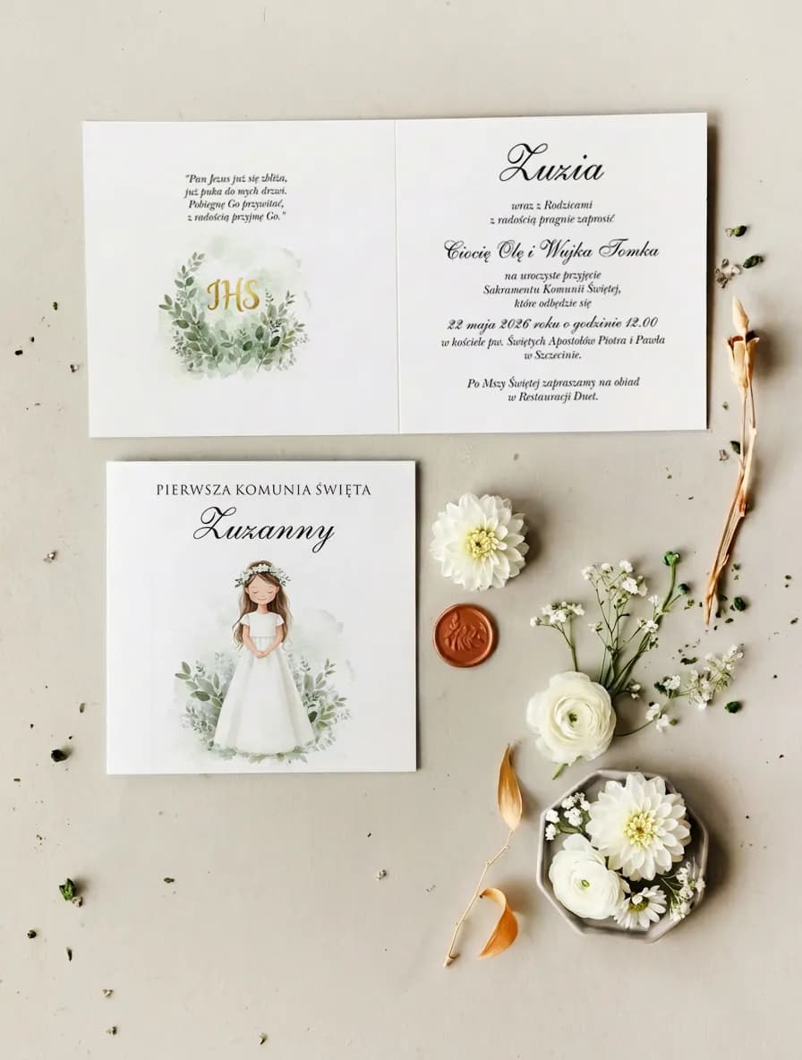 Zaproszenia komunijne z dziewczynką w bieli – Matylda nr 22