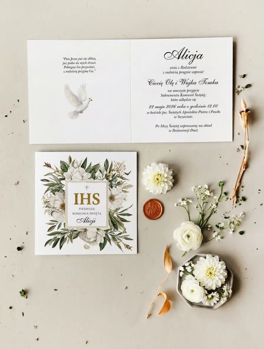 Zaproszenia komunijne z kwiatami i IHS – Matylda nr 25