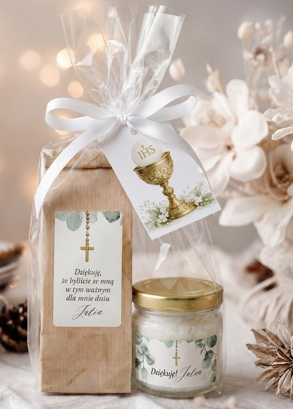 Zestaw komunijny herbata i świeczka, krzyż i eukaliptus | podziękowania komunijne dla gości | Matylda nr 6