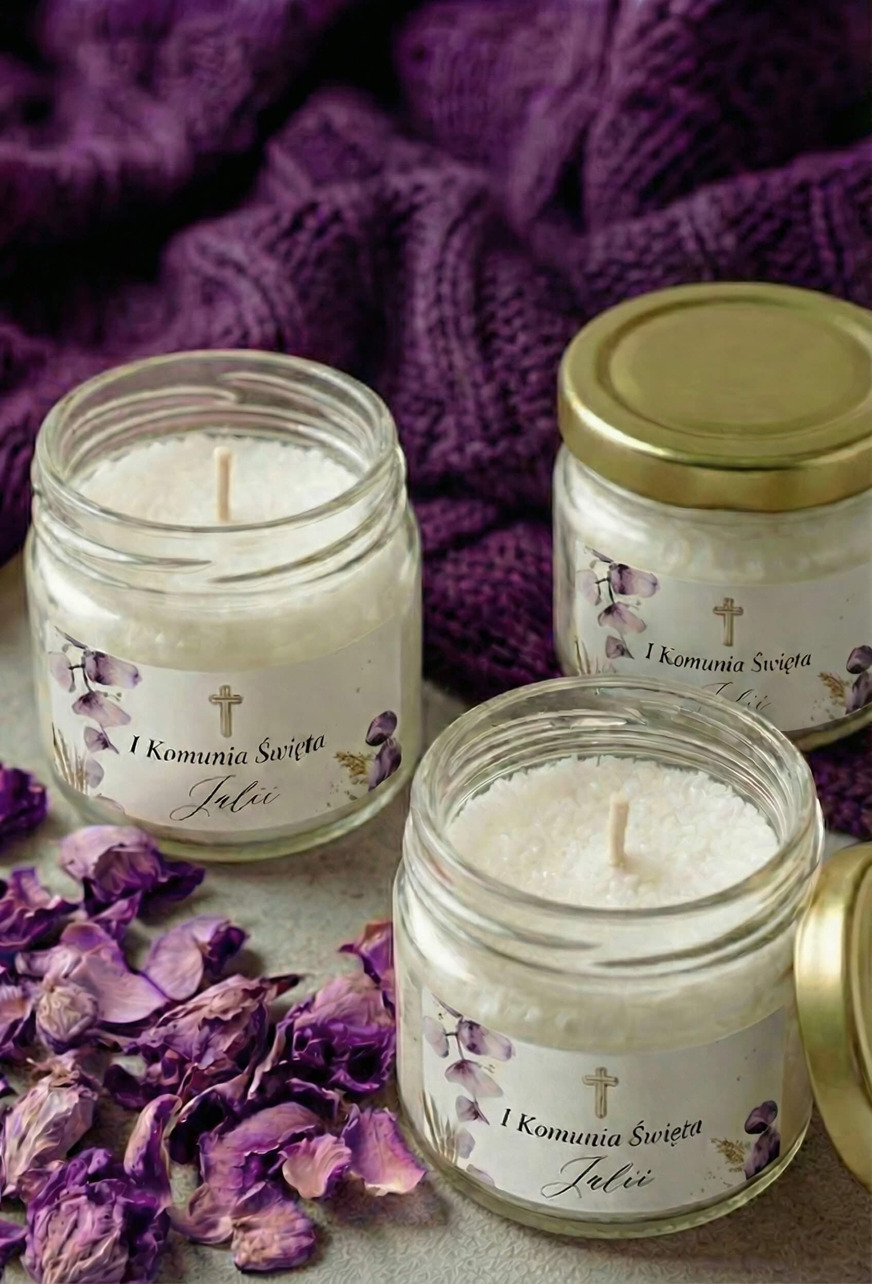 Świeczka Sojowa Matylda nr 10 – Fioletowe Kwiaty i Podziękowanie Komunijne