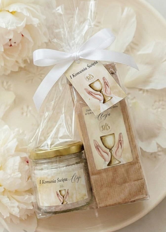 Upominki komunijne herbata ze świeczką, symbol kielicha i dłoni | podziękowania dla gości Komunia | Matylda nr 16
