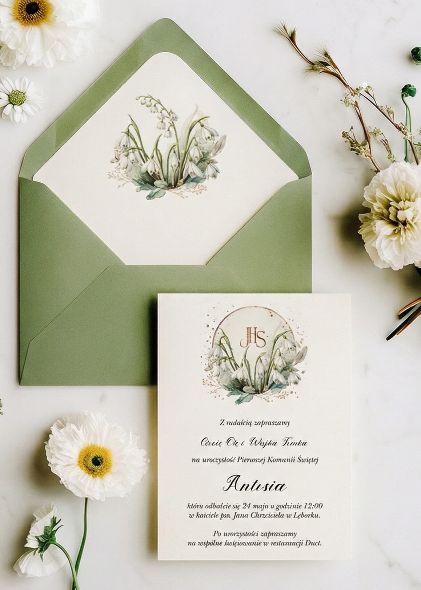 Zaproszenia komunijne z konwaliami i zielenią – Lukrecja nr 1
