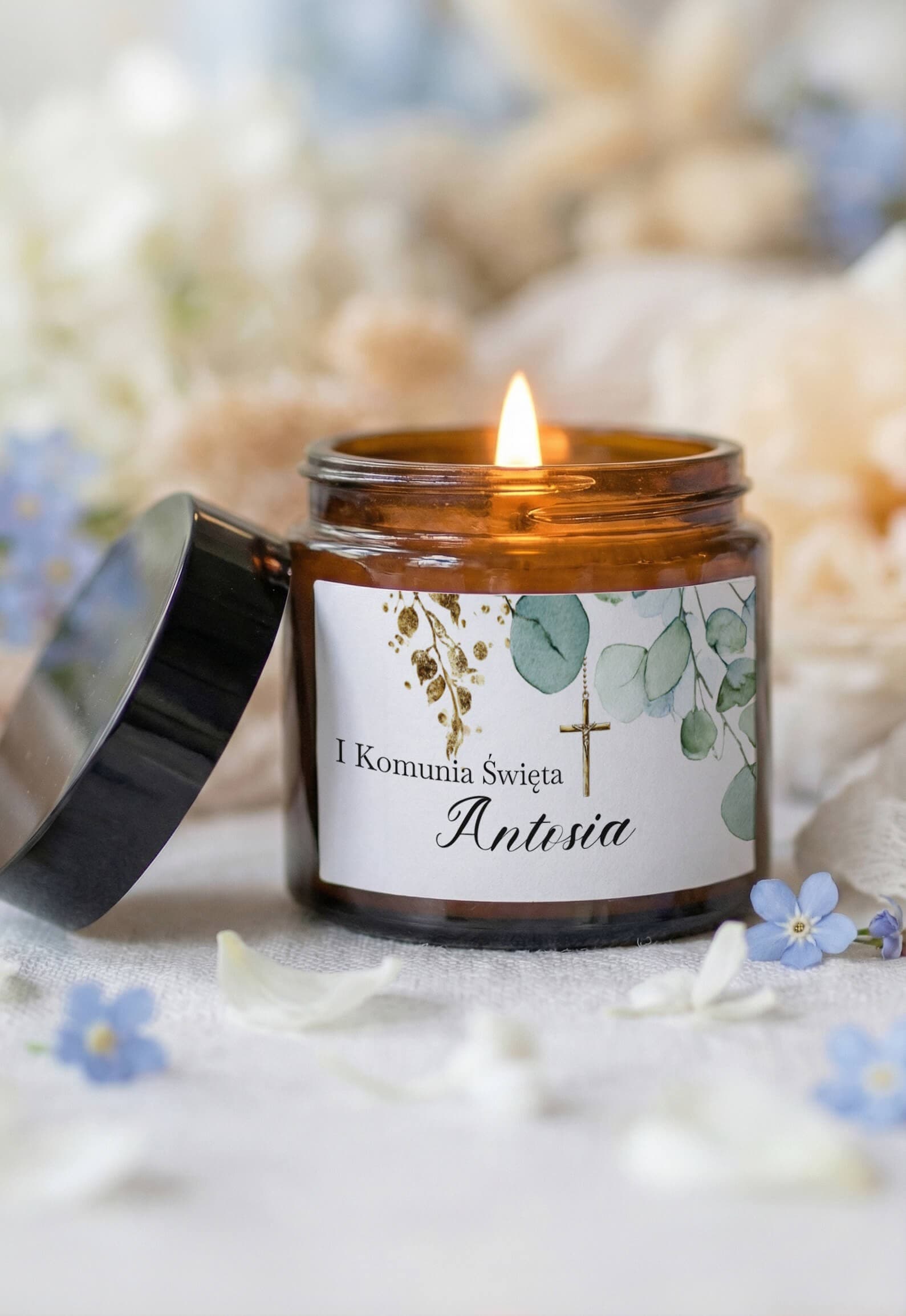 Świeczka Sojowa w Szkle Lukrecja nr 2 – Eukaliptus i Podziękowanie Komunijne