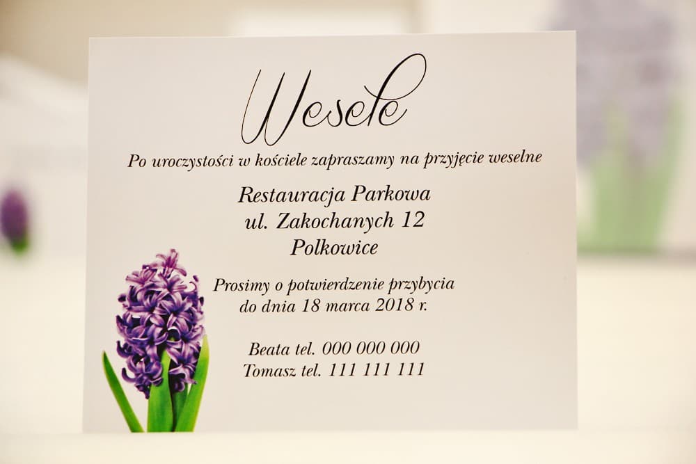 Eleganckie Bileciki do Zaproszeń Fioletowy Hiacynt | Wkładki ślubne z prośbą o pieniądze, RSVP | Elegant nr 7