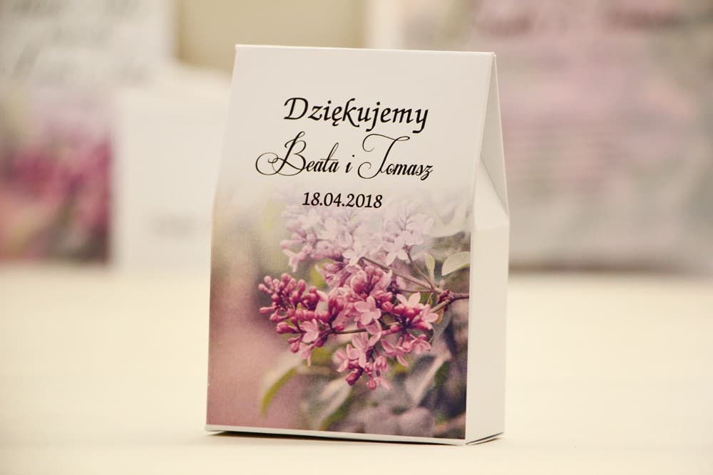 Pudełeczka z motywem fioletowego bzu, personalizowane, ze słodyczami | Podziękowania dla gości weselnych | Elegant nr 11