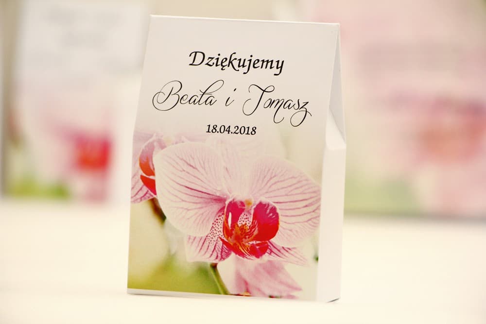 Eleganckie pudełeczka ze słodyczami i motywem różowej orchidei | Podziękowania dla gości weselnych, upominki | Elegant nr 13