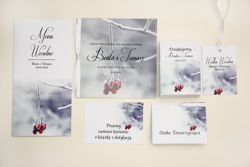 Próbki Zaproszeń z Kalką, Jarzębiną i Dodatkami | Zestaw Próbek Ślubnych | Elegant nr 17