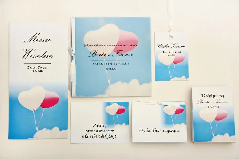 Zestaw Próbek Papeterii Ślubnej z Kalką i Motywem Balonów | Próbki Zaproszeń Ślubnych | Elegant nr 18