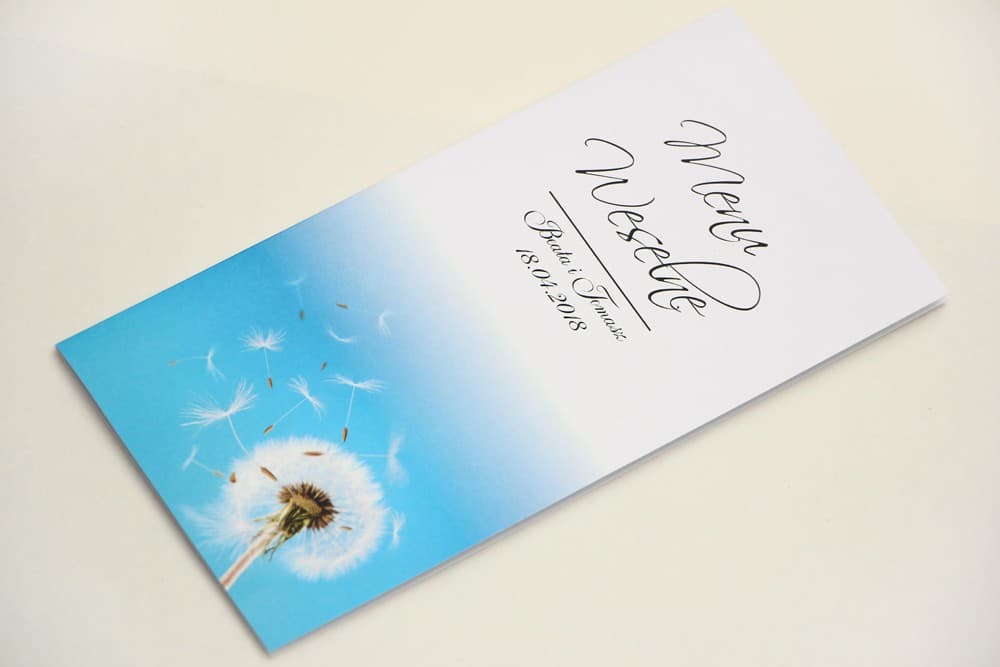 Menu Weselne z Dmuchawcem, Stojące Karty na Stół Weselny | Delikatne Menu Personalizowane | Elegant nr 20