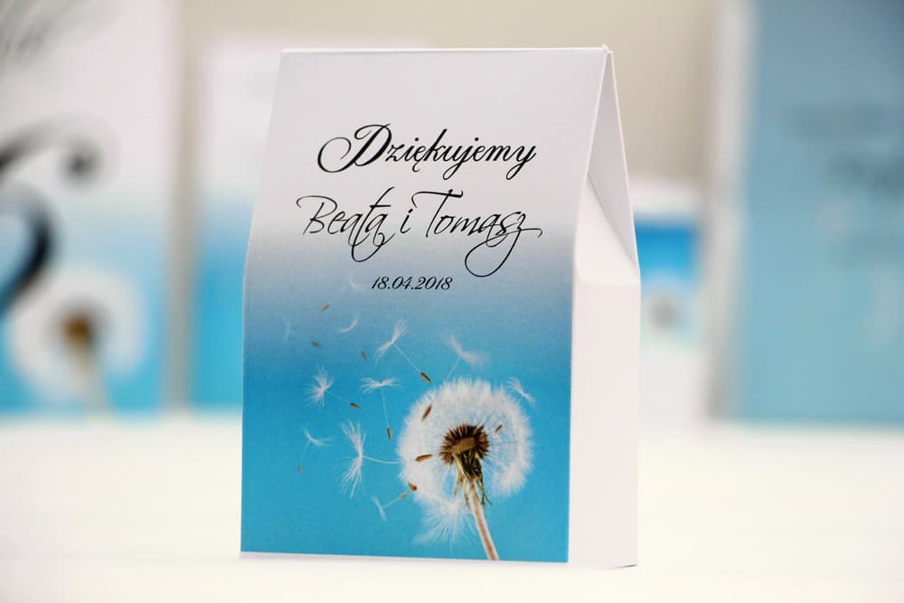 Pudełeczka ze słodyczami i motywem dmuchawca, gotowe upominki | Podziękowania dla gości weselnych | Elegant nr 20