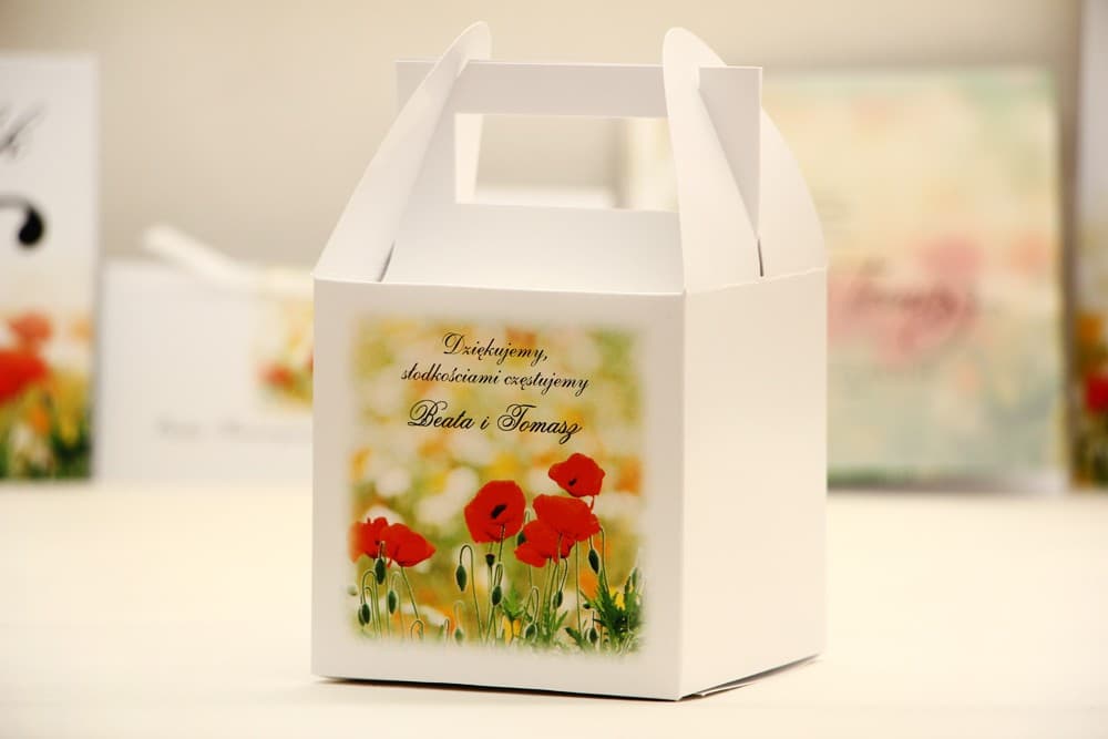 Pudełka na Ciasto Weselne z Makami, Personalizowane Opakowania z Uchwytem | Podziękowania dla Gości | Elegant nr 21