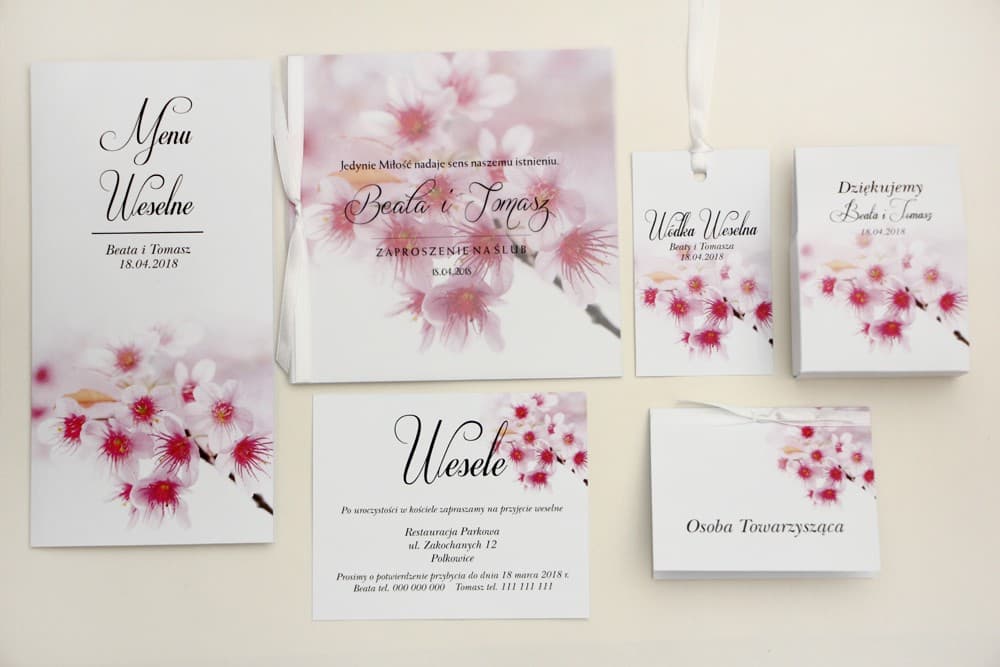 Zestaw Próbek Papeterii Ślubnej z Kalką i Kwiatami Wiśni + Bon 10 zł | Próbki Zaproszeń Ślubnych | Elegant nr 23