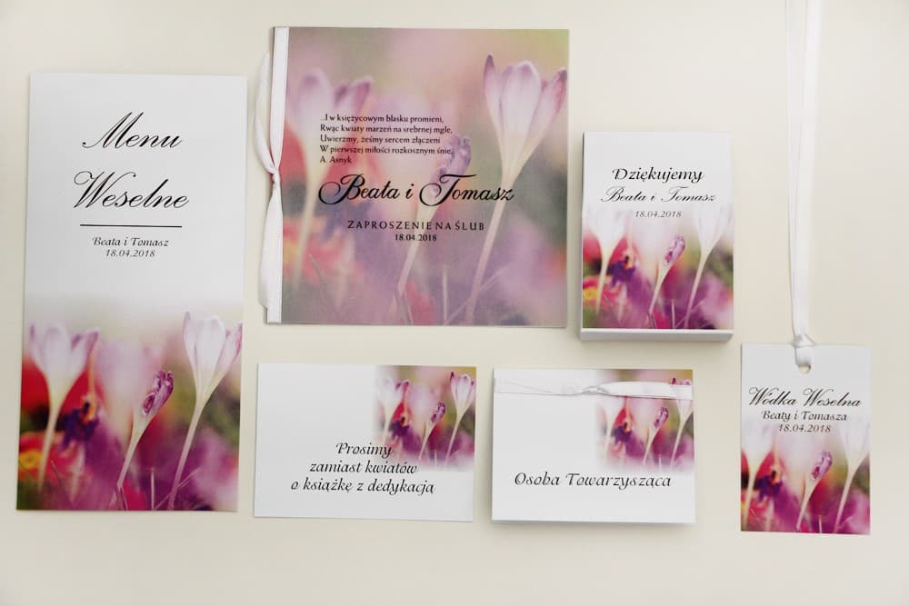 Próbki Zaproszeń z Kalką, Fioletowe Krokusy | Zestaw Próbek Ślubnych | Elegant nr 24