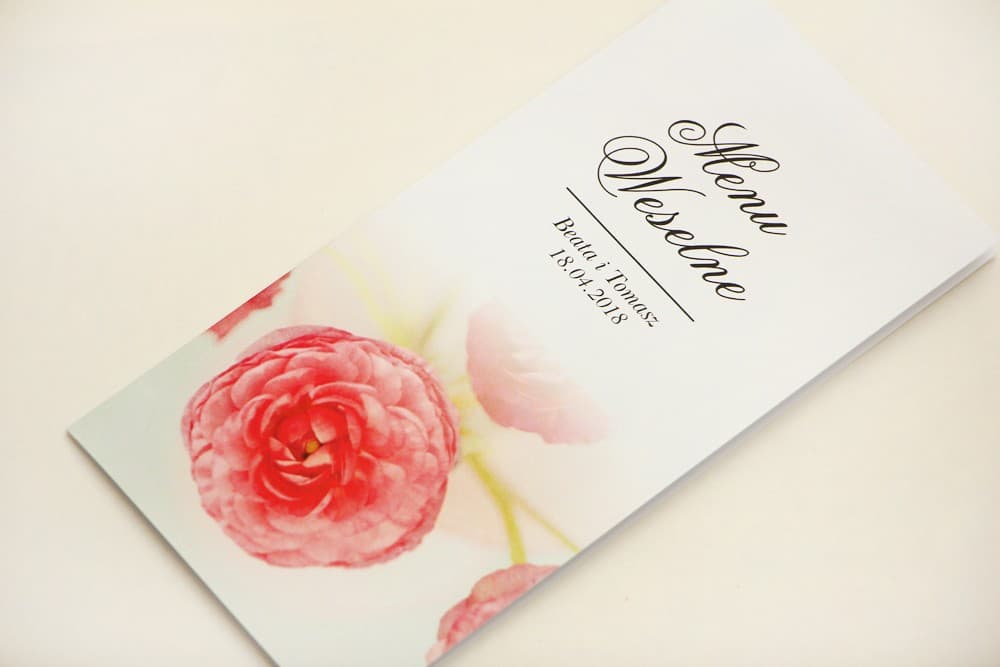 Menu Weselne Kwiatowe Różowe Jaskry na Błękicie | Personalizowane Karty Menu na Stół | Elegant nr 27