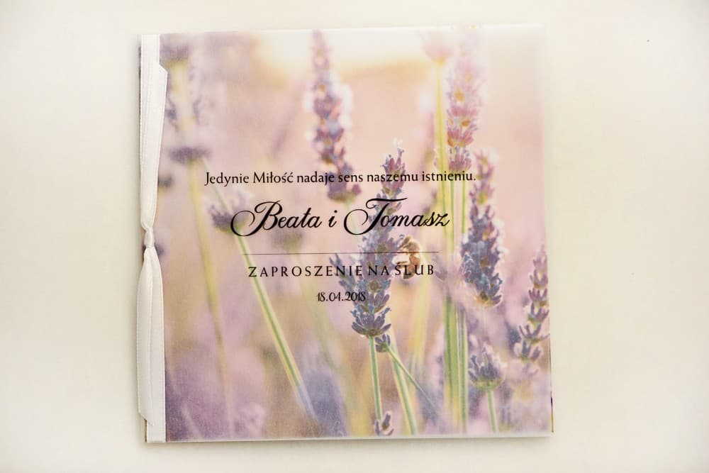 Zaproszenia ślubne kwadratowe z kalką i fioletową lawendą – Elegant nr 28 - 3